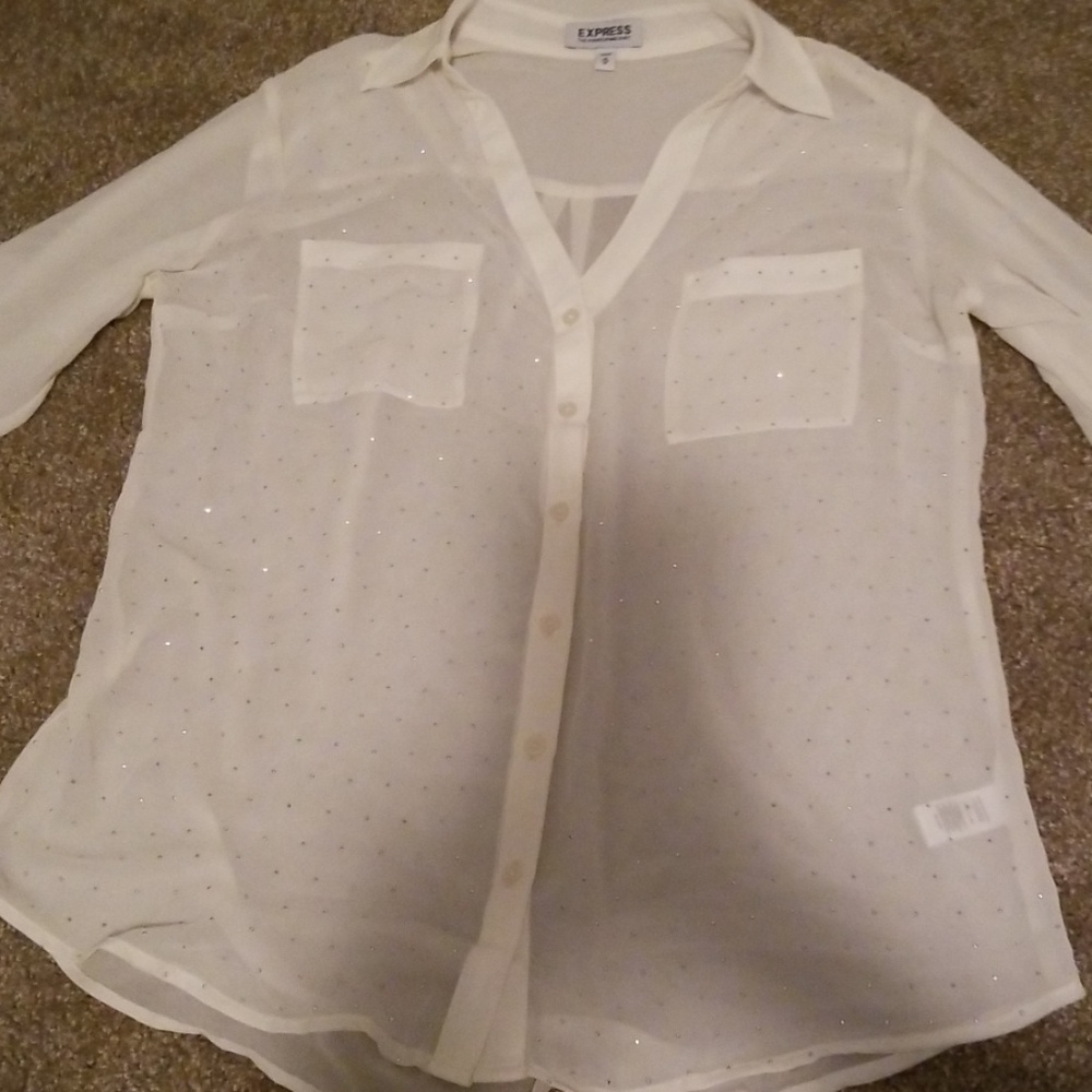 New Express Rhinestone Button Up Blouse Top Sheer